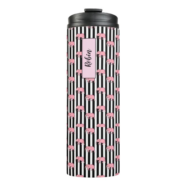 Moderne monogramm rosa Elefantenmuster Streifen Thermosbecher (Vorderseite)