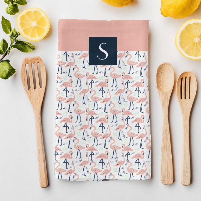 Moderne Monogramm rosa Flamingo-Muster Geschirrtuch (Modern Monogram pink Flamingo Pattern Kitchen Towel)