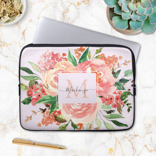 Moderne Monogramm-Rosé-Blumenbouquet Laptopschutzhülle