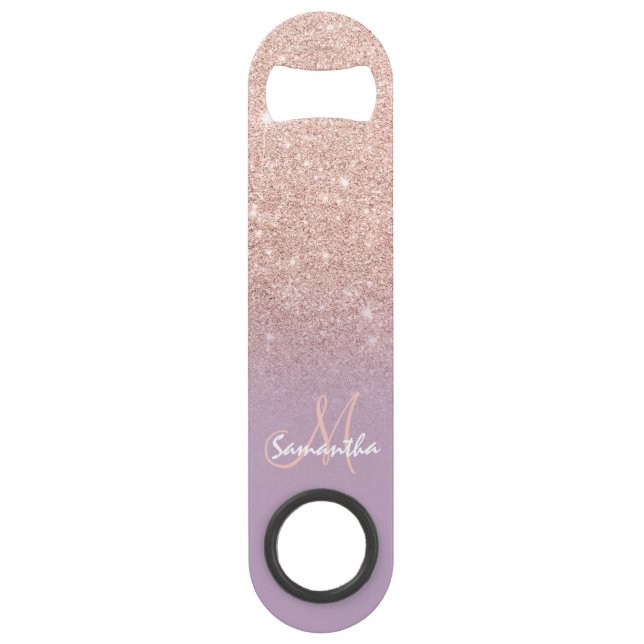 Moderne Monogramm Rose Gold Glitzer ombre lila Speedflaschenöffner (Vorderseite)