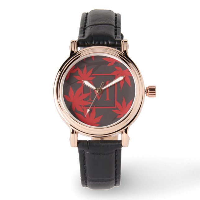 Moderne Monogramm Rot Ahornblatt Grau Armbanduhr (Vorderseite)
