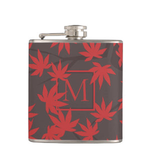 Moderne Monogramm Rot Ahornblatt Grau Flachmann