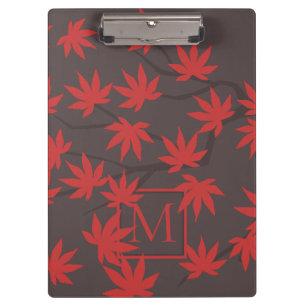 Moderne Monogramm Rot Ahornblatt Grau Klemmbrett