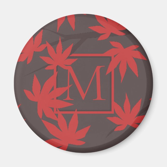 Moderne Monogramm Rot Ahornblatt Grau Magnet (Vorne)