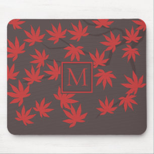 Moderne Monogramm-Rot-Ahornblatt-Grau Mousepad
