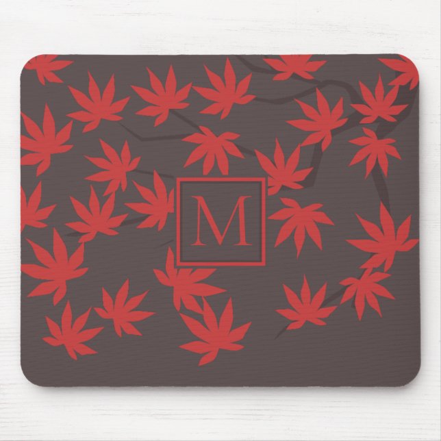 Moderne Monogramm-Rot-Ahornblatt-Grau Mousepad (Vorne)