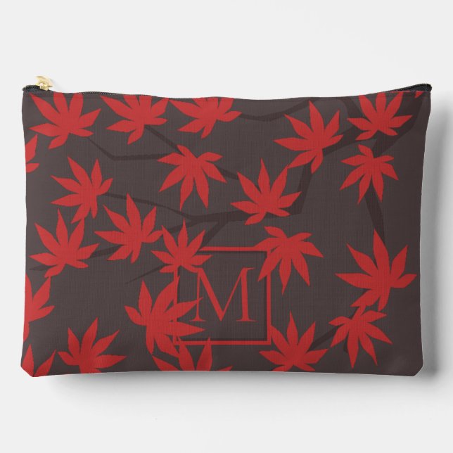 Moderne Monogramm Rot Ahornblatt Grau Zubehörtasche (Vorderseite)