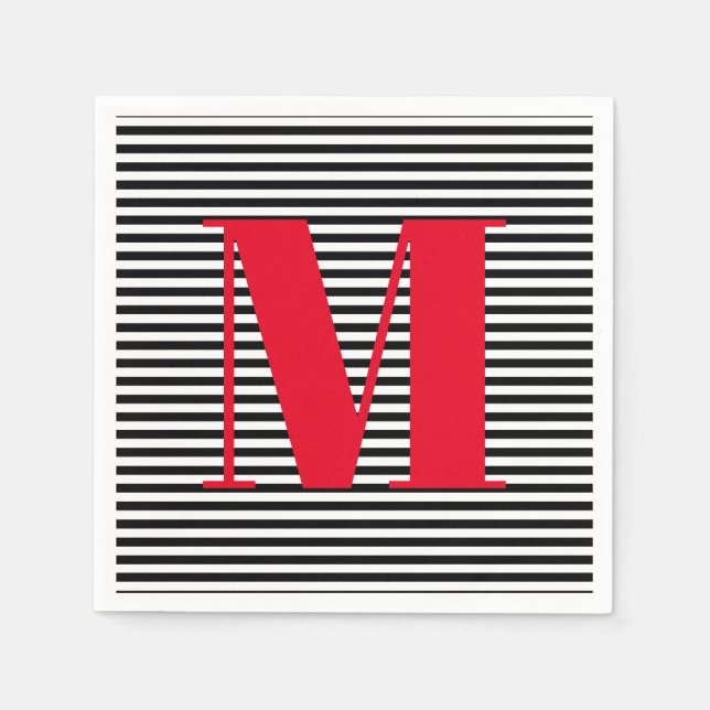 Moderne monogramm rote Schwarz-weiße Streifen Serviette (Vorderseite)