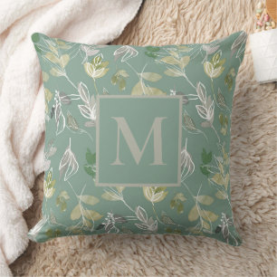Moderne Monogramm-Sage-Grün-Silber-Blätter-Laub Kissen