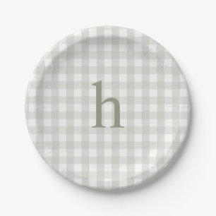 Moderne Monogramm Sagegrün Gingham Pappteller
