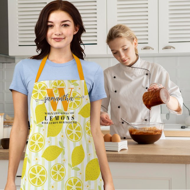 Moderne Monogramm-Schrift Rustikale Whimsical Zitr Schürze (Modern Monogram Script Rustic Whimsical Fresh Mediterranean I ♥ Limoncello Kitchen Lemons Apron)