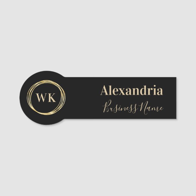 Moderne Monogramm Schwarz Gold Mitarbeiter Namensschild (Vorderseite)