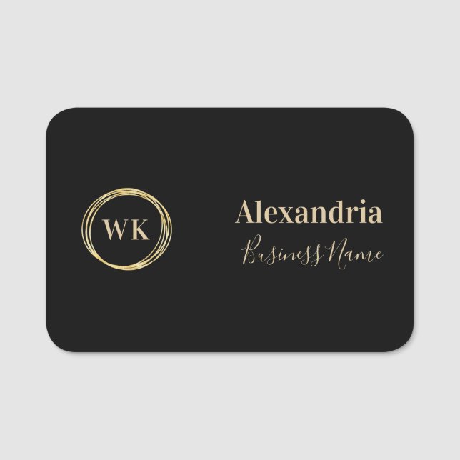 Moderne Monogramm Schwarz Gold Mitarbeiter Namensschild (Vorderseite)