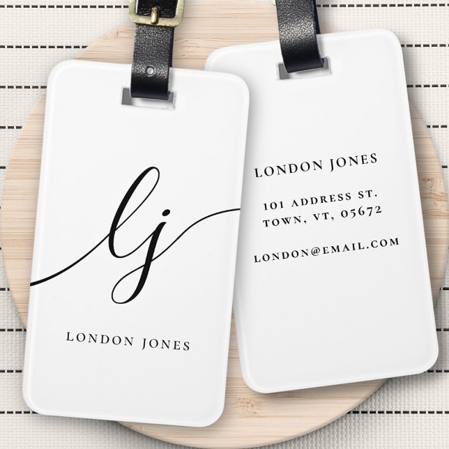 Moderne Monogramm-Schwarz-weiße Kalligraphieinitia Gepäckanhänger (Von Creator hochgeladen)