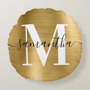 Moderne Monogramm-Signatur Goldfolie Foto Rundes Kissen