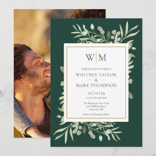 Moderne Monogramm-Smaragd-Grünpflanzen-Hochzeitsfo Einladung