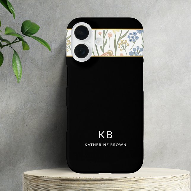Moderne Monogramm Süßes schwarzes Blumenmuster  Case-Mate iPhone Hülle (Von Creator hochgeladen)