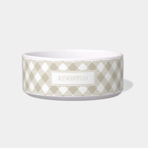 Moderne Monogramm-Tan-Gingham-Karo-Hund Napf
