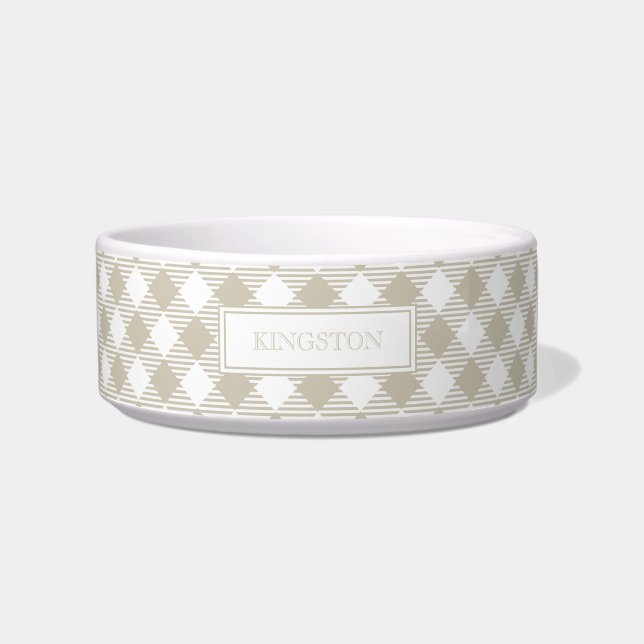 Moderne Monogramm-Tan-Gingham-Karo-Hund Napf (Vorderseite)