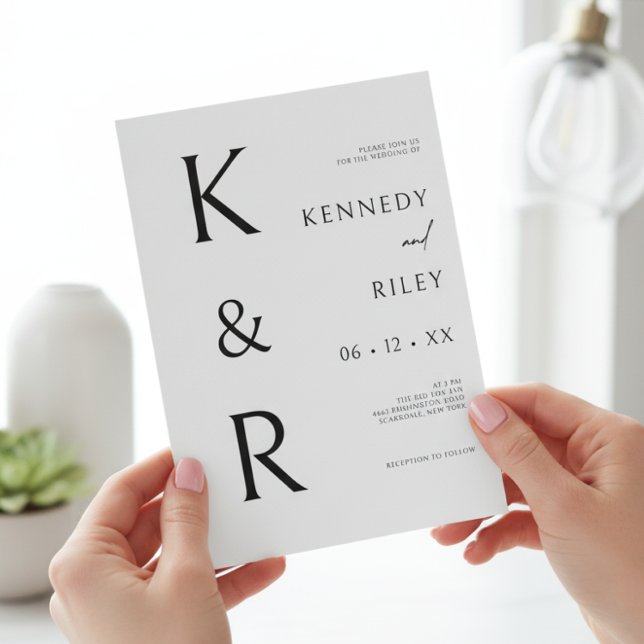 Moderne Monogramm Typografie Schwarz-weiß QR Hochz Einladung (Modern Monogram Typography Black White QR Wedding Invitation)