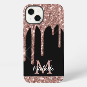 Moderne monogrammierte rosa Gold Glitter-Tropfen iPhone 13 Hülle