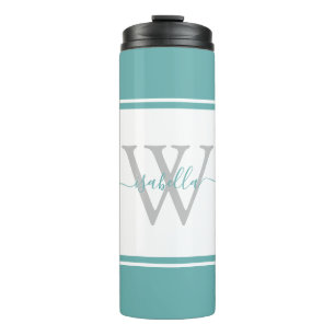 Moderne monogrammierte Skript-Teal Thermosbecher