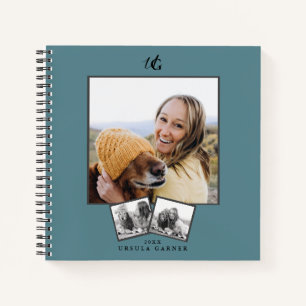 Moderne monogrammierte Türkisblaue 3-Foto- Notizbuch