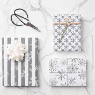 Moderne monotone schwarze weiße Schneeflocke Geschenkpapier Set