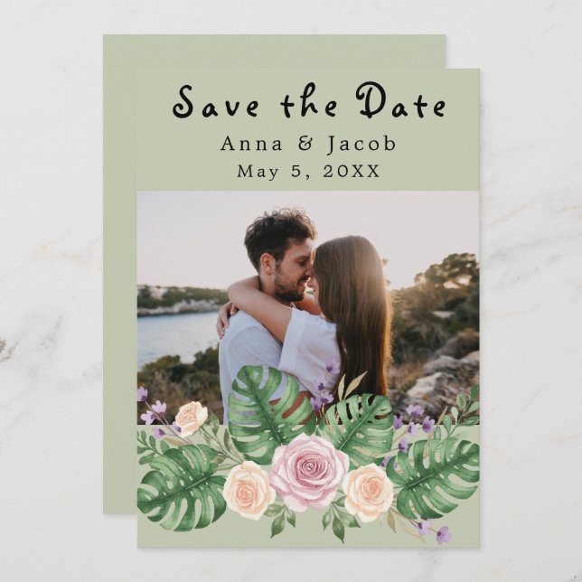 Moderne Monstera Leaf Blumenzage Einladung (Vorne/Hinten)