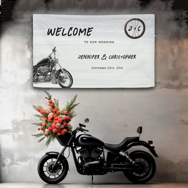 Moderne Motorrad Adventure Biker Wedding Willkomme Banner (Von Creator hochgeladen)