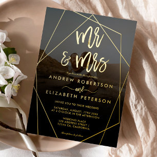 Moderne Mr Mrs Schrift Terrarium Foto Hochzeit Gol Folieneinladung