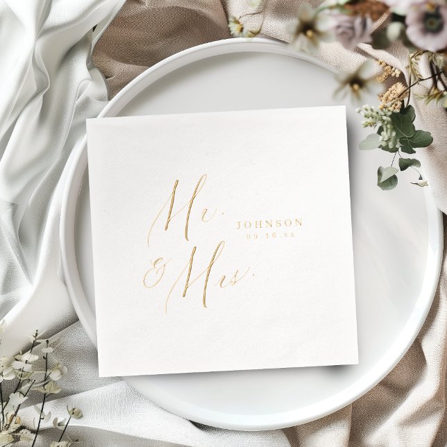 Moderne Mr. und Mrs.-Schrift minimalistische Hochz Servietten Mit Folie (Modern Mr. and Mrs. script minimalist wedding Foil Napkins)