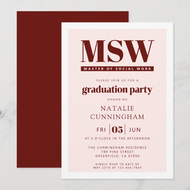 Moderne MSW Master of Social Work Abschlussfeier Einladung (Vorne/Hinten)