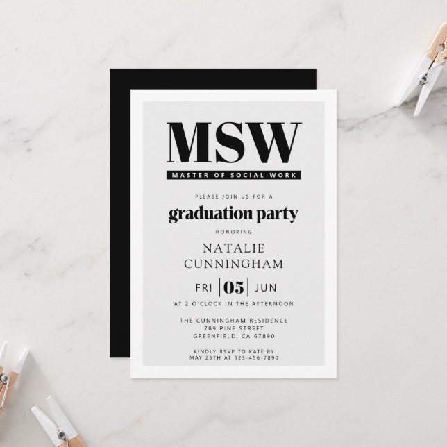 Moderne MSW Master of Social Work Abschlussfeier Einladung (Vorderseite/Rückseite Beispiel)