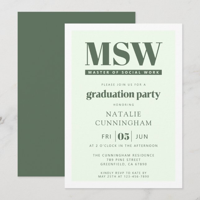 Moderne MSW Master of Social Work Abschlussfeier Einladung (Vorne/Hinten)
