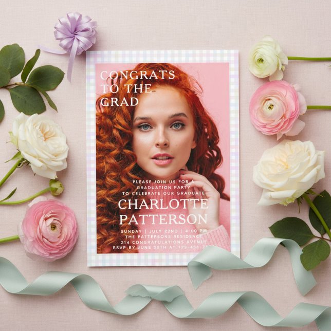 Moderne Multicolor Gingham Foto Graduation Party Acryleinladungen (Von Creator hochgeladen)