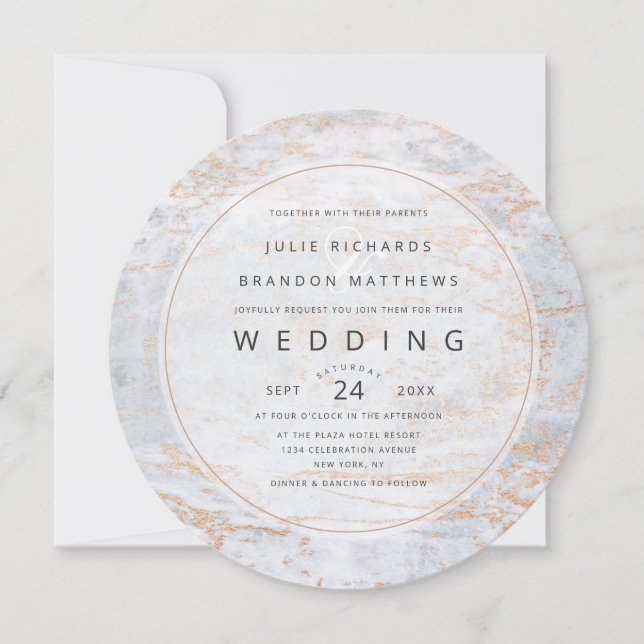 Moderne Murmeln in dusty Blue Copper Circle Weddin Einladung (Vorderseite)