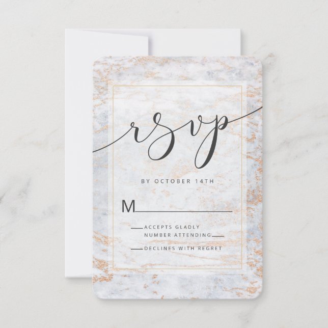 Moderne Murmeln in dusty Blue Copper Foil Edges RSVP Karte (Vorderseite)
