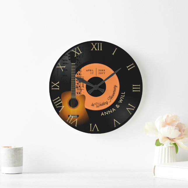 Moderne Musikgitarre Vinyl 1. Hochzeitstag Große Wanduhr (Zuhause)