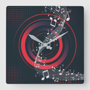Moderne Musikmauer - Rote Beats & Blendnoten Quadratische Wanduhr