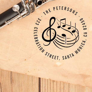 Moderne Musiknoten Rundname & Rücksendeadresse Gummistempel
