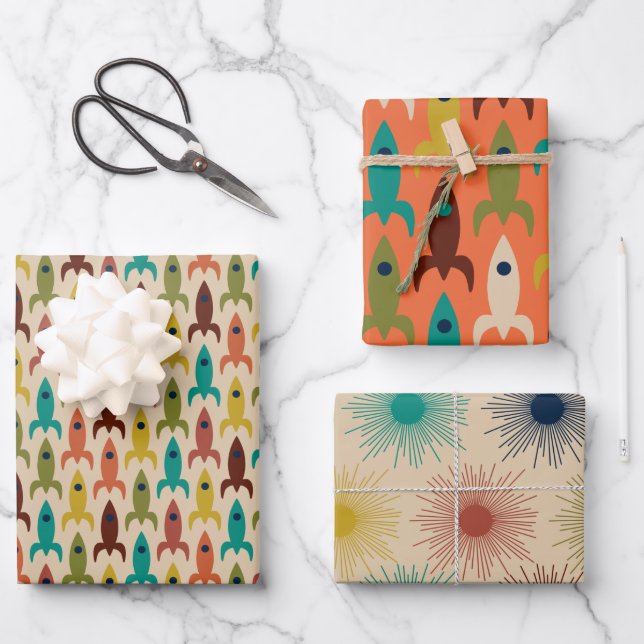 Moderne Muster des Weltraumzeitalters im Mittelalt Geschenkpapier Set (Vorderseite)