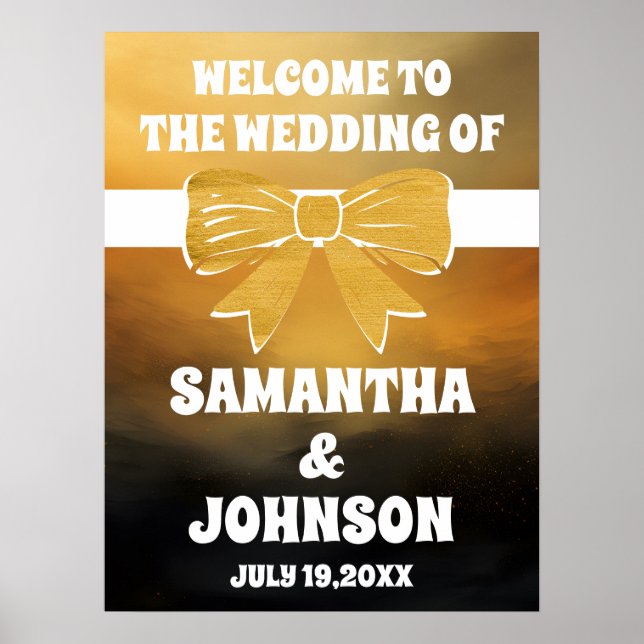 Moderne, mutige Black Gold Bow Wedding Willkommen Poster (Vorne)