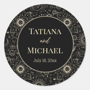 Moderne mystische Hochzeit aus schwarzem Gold Runder Aufkleber