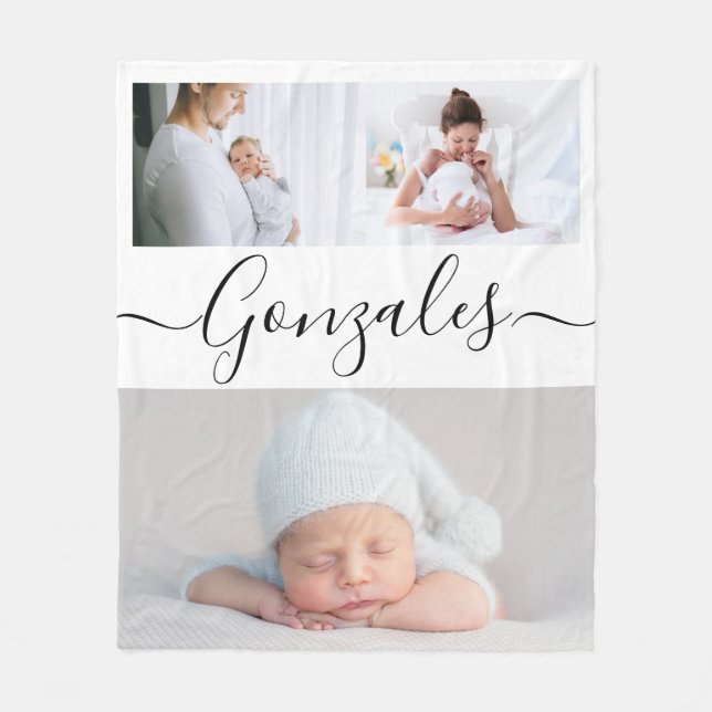 Moderne Nachname Skript Personalisierte Fotos Fleecedecke (Vorderseite)