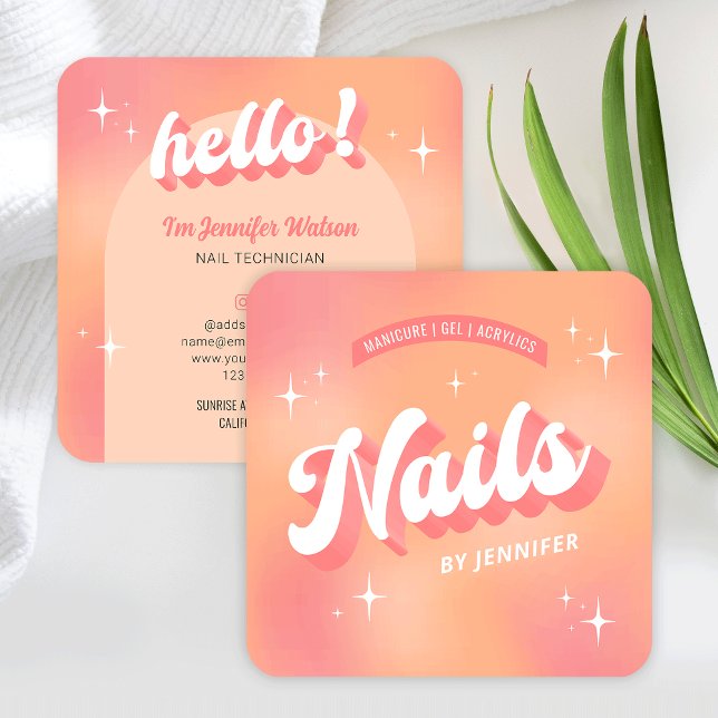 Moderne Nail Artist Kunst, Dichtung und Musik Quadratische Visitenkarte (Trendy nails business cards with groovy fonts and girly peach colors)