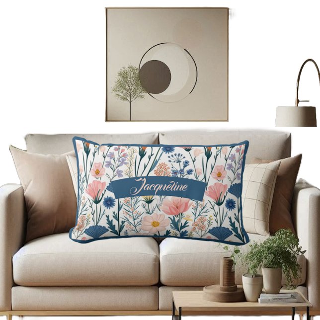 Moderne Name Pastel Wildblume Bloms Botanischer Sp Lendenkissen (Modern Name Pastel Wildflower Blooms Botanical Fun Lumbar Pillow)