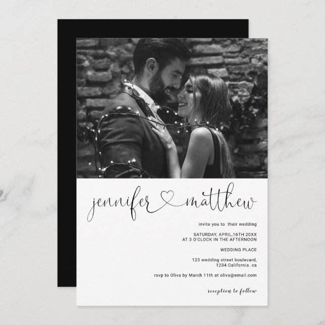 Moderne Namen Herz Kalligraphie Foto Hochzeit Einladung (Vorne/Hinten)