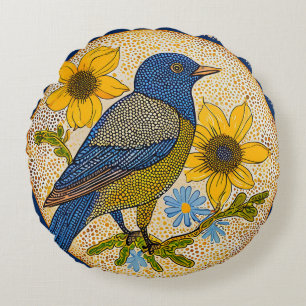 Moderne Natur Vogel mit gemustertem floralem Stil Rundes Kissen