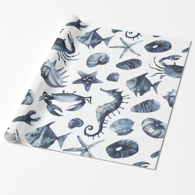 Moderne Nautic Blue Seestfish Seepferd Seashell Geschenkpapier (Ungerollt)